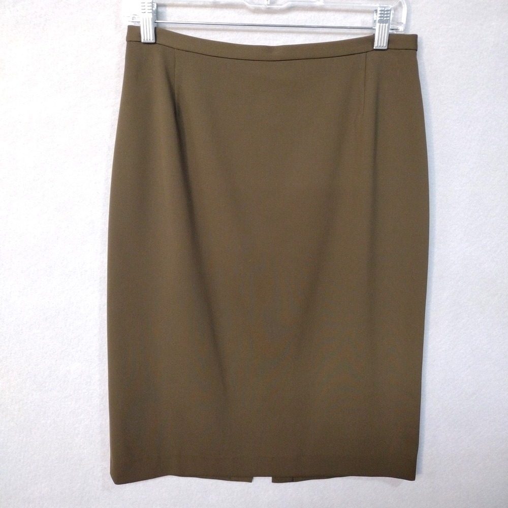 Anne Klein II Pencil Skirt Women's 8 Knee Length Zip Up Lined Slit Olive Green